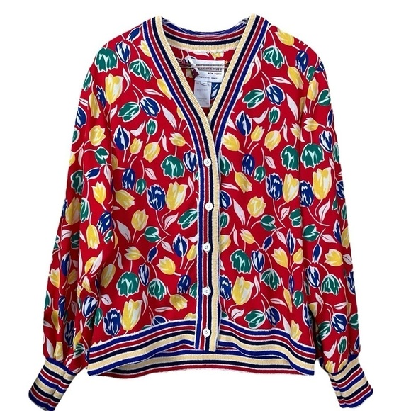 Castleberry Floral Tulips Lightweight Cardigan Sweater Red Blue Yellow Size 12 - Picture 10 of 10